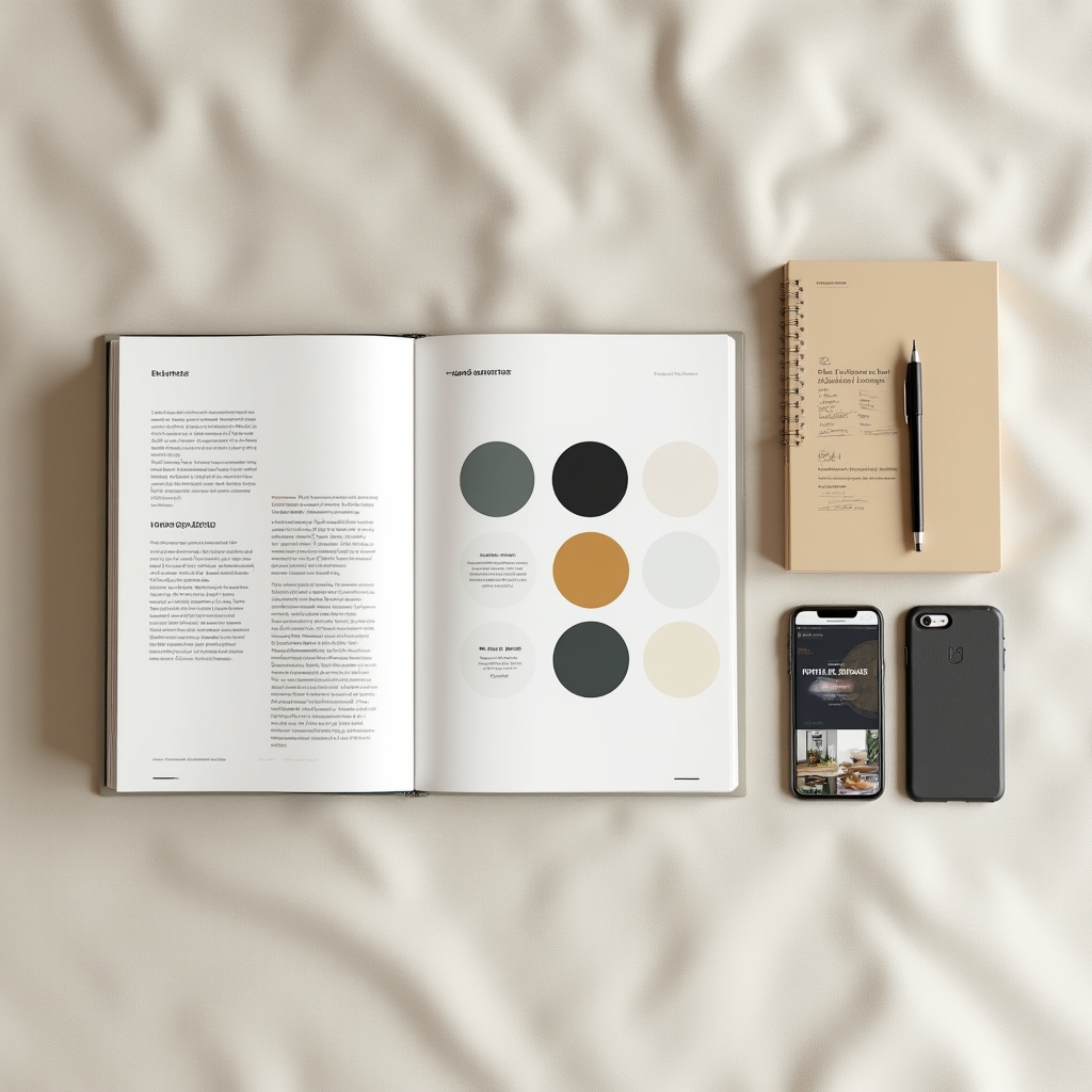 Overview of branding materials for a real estate development project laid out on a design desk