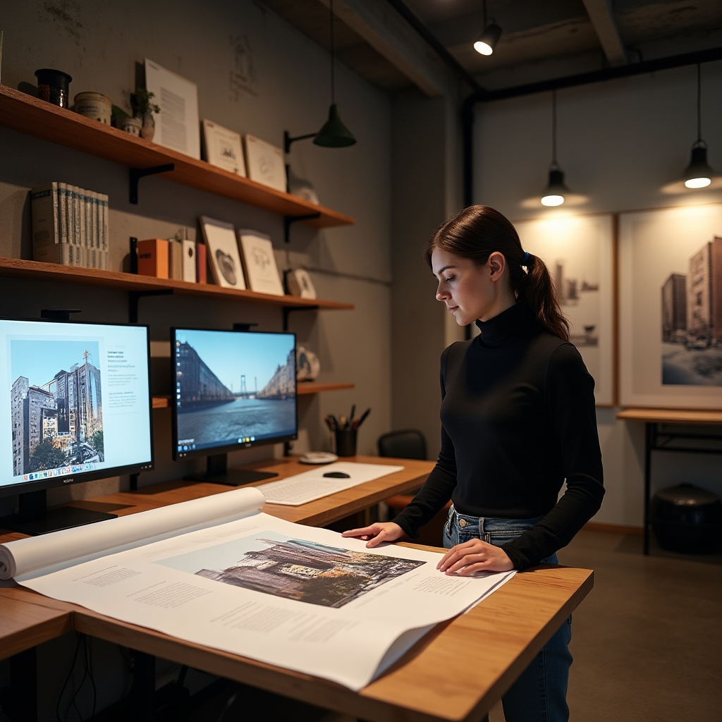 FinastraPro design studio workspace with branding materials for a real estate project